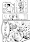  1girl :d admiral_(kantai_collection) apron bare_shoulders bowl braid chopsticks comic corset crown dress english food french_braid greyscale hairband harunatsu_akito highres jewelry kantai_collection katsu_(food) long_hair military military_uniform mini_crown miso_soup monochrome naval_uniform necklace off-shoulder_dress off_shoulder open_mouth rice rice_bowl smile tofu tonkatsu translated uniform vegetable warspite_(kantai_collection) 