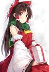  :o bangs bare_shoulders black_hair blush bow box breasts brown_hair christmas commentary_request cowboy_shot cross-laced_clothes detached_sleeves eyebrows_visible_through_hair eyelashes frills fringe_trim from_side gift gift_box green_scarf hair_bow hair_tubes hakurei_reimu holding izuru long_hair looking_at_viewer medium_breasts red_bow red_ribbon red_skirt ribbon ribbon-trimmed_sleeves ribbon_trim scarf sidelocks skirt skirt_set solo sparkle touhou white_background wide_sleeves 
