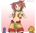  00s 1girl blush border breasts carnotaurus dinosaur dinosaur_king eyebrows_visible_through_hair gradient gradient_background grey_eyes kakkii looking_at_viewer midriff navel no_bra open_fly open_mouth outside_border panties panty_peek red_hair short_hair shorts small_breasts standing sunglasses sunglasses_on_head tatsuno_malm thighhighs tied_hair triceratops twintails underwear white_border white_panties 