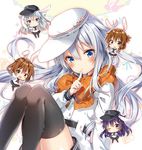  :d ;) akatsuki_(kantai_collection) animal_ears black_hair black_legwear blue_eyes brown_eyes brown_hair bunny_ears chibi dual_persona folded_ponytail hair_ornament hairclip hat hibiki_(kantai_collection) ikazuchi_(kantai_collection) inazuma_(kantai_collection) kantai_collection kemonomimi_mode long_hair multiple_girls one_eye_closed open_mouth pantyhose plectrum riichu scarf school_uniform serafuku short_hair silver_hair sitting smile thighhighs verniy_(kantai_collection) zettai_ryouiki 