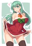  aqua_eyes aqua_hair ass_visible_through_thighs bare_shoulders blue_background breasts christmas christmas_tree_hair_ornament collarbone detached_collar detached_sleeves dress dress_lift hair_ornament kantai_collection large_breasts long_hair long_sleeves looking_at_viewer nakano_sora navel neckerchief one_eye_closed outline outside_border red_dress smile solo suzuya_(kantai_collection) thighhighs tongue tongue_out white_outline 