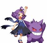  ;d acerola_(pokemon) arm_up bangs blush collarbone dress elite_four flat_chest flipped_hair full_body gen_1_pokemon gengar grin hair_ornament half_updo lavender_eyes leg_up lowres one_eye_closed open_mouth pixel_art pokemon pokemon_(creature) pokemon_(game) pokemon_sm purple_hair red_sclera sandals shirokuro_(oyaji) short_hair short_sleeves simple_background smile standing standing_on_one_leg stitches tongue torn_clothes torn_dress torn_sleeves trial_captain white_background 