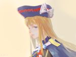  2016 blonde_hair blue_eyes bow cape coat colored_eyelashes dated hat hat_bow highres lips long_hair looking_at_viewer muyuzhi_guang northampton_(zhan_jian_shao_nyu) parted_lips signature simple_background sketch solo uniform white_bow yellow_background zhan_jian_shao_nyu 