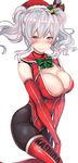  bell black_legwear blurry blush bow bowtie breasts christmas cleavage cleavage_cutout closed_mouth clothes_writing cowboy_shot elbow_gloves eyebrows_visible_through_hair fur_trim gloves grey_eyes hair_bell hair_ornament hat highres kantai_collection kashima_(kantai_collection) large_breasts leotard long_hair looking_at_viewer pantyhose purple_eyes red_gloves red_hat red_leotard santa_hat shiny shiny_hair sidelocks silver_hair simple_background skin_tight sleeveless smile solo striped thighhighs thighhighs_over_pantyhose twintails untsue v_arms wavy_hair white_background 