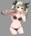  anchovy banned_artist bikini black_bikini black_ribbon blush breasts eating food girls_und_panzer green_hair grey_background hair_ribbon holding_pizza long_hair medium_breasts navel nigiriushi pizza pizza_box red_eyes ribbon simple_background solo swimsuit twintails 