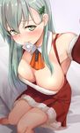  aqua_hair bare_shoulders blush breasts christmas christmas_tree_hair_ornament cleavage condom condom_in_mouth detached_collar detached_sleeves dress eyebrows_visible_through_hair green_eyes hair_between_eyes hair_ornament highres kantai_collection large_breasts long_hair mouth_hold neckerchief on_bed reaching_out red_dress santa_costume self_shot smile solo suzuya_(kantai_collection) untsue 