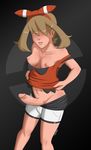  blush bow breasts brown_hair faceless_female freako futanari hair_bow hair_ornament haruka_(pokemon) nintendo nipples penis pokemon pokemon_(game) pokemon_character pokemon_oras shirt_lift shorts simple_background solo undressing veins veiny_penis 