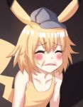 1girl animal_ears artist_request bare_shoulders baseball_cap blonde_hair blurry blurry_background blush_stickers camisole creatures_(company) depth_of_field detective_pikachu eyebrows_visible_through_hair eyes_closed facing_viewer game_freak gen_1_pokemon grey_hat grimace hat highres hinghoi nintendo open_mouth personification photo-referenced pikachu pikachu_ears pikachu_tail pokemon pokemon_ears short_hair solo tail upper_body 