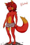  b-intend canine clothed clothing cub dipstick_tail fox fur hair hybrid looking_at_viewer mammal multicolored_fur multicolored_tail navel red_eyes red_fur red_hair shota signature simple_background standing topless white_background wolf young 