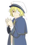  bandage_over_one_eye bandages blonde_hair blue_jacket brown_eyes cel_shading commentary_request hands_together hat ichi_ka jacket looking_at_viewer male_focus oliver_(vocaloid) one_eye_covered sailor_hat signature smile solo vocaloid 