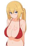  1girl arms_behind_back bikini blonde_hair blue_eyes blush breasts cleavage commentary_request hair_flaps highres holding_own_arm huge_breasts long_hair looking_at_viewer mori_yoshihara_(naozuri) naozuri navel original red_bikini side-tie_bikini_bottom simple_background skindentation smile solo swimsuit twintails upper_body white_background 