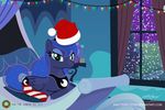  2016 bed blue_eyes blue_feathers blue_fur blue_hair christmas christmas_lights clothed clothing cutie_mark equine feathered_wings feathers female feral friendship_is_magic fur hair half-closed_eyes hat holidays inside jewelry legwear looking_at_viewer mammal my_little_pony necklace pegasus princess_luna_(mlp) shutterflyeqd smile snow socks solo window wings winter 