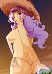  ass bare_shoulders bikini breasts cloud cloudy_sky demon89 food from_behind hat highres large_breasts long_hair looking_at_viewer looking_back mouth_hold pocky purple_eyes purple_hair sannomiya_shiho side-tie_bikini sideboob sky slingshot_swimsuit solo strap_gap straw_hat swimsuit wavy_hair zettai_karen_children 