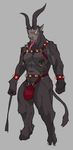  bulge clothed clothing demon front_view full-length_portrait harness hooves horn krampus long_tongue male muscular nipple_piercing nipples pecs piercing portrait riding_crop skimpy solo spacedog standing tongue whip 
