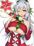  android artist_name bare_shoulders blue_eyes blush bottle breasts dangan_neko detached_sleeves hair_ribbon headgear highres holding large_breasts long_hair merry_christmas one_eye_closed open_mouth original ribbon russia_(dangan_neko) silver_hair simple_background smile solo star underboob white_background wine_bottle 