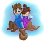  alvin_and_the_chipmunks blue_eyes bow brown_fur brown_hair cartoonboyfriends chipmunk christmas clothing cup cute entwined_tails eyes_closed eyewear fluffy fluffy_tail fur glasses hair hair_fountain holidays hot_chocolate jeanette_miller looking_back mammal ribbons rodent romantic_couple scarf shirt simon_seville simple_background sweater winter 