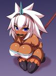  bangs bare_shoulders bdsm black_legwear blue_eyes blush bondage bound breasts cleavage commentary_request covered_nipples dark_skin full_body hairband highres horn kirin_(armor) kneeling konno_tohiro large_breasts looking_at_viewer monster_hunter restrained shibari solo spiked_hair sweat thighhighs tsurime white_hair 