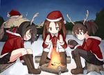  antlers bangs black_eyes black_footwear black_gloves black_legwear boots brown_eyes brown_footwear brown_hair campfire closed_mouth commentary cup emblem fake_antlers fire gift girls_und_panzer gloves ground_vehicle hat holding hood hoodie jacket jagdpanzer_38(t) kadotani_anzu kakizaki_(chou_neji) kawashima_momo knee_boots koyama_yuzu log long_sleeves military military_vehicle miniskirt monocle motor_vehicle multiple_girls night night_sky open_mouth oversized_object pantyhose parted_bangs pleated_skirt red_hat red_jacket reindeer_antlers saliva santa_costume santa_hat short_hair short_ponytail skirt sky sleeping smile tank tree_stump turtle twintails 