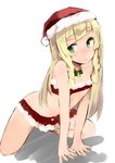  bad_id bad_twitter_id bare_arms bare_legs bell blonde_hair blush breasts cleavage green_eyes hands_on_floor hat highres inactive_account lillie_(pokemon) long_hair looking_to_the_side muoto navel pokemon pokemon_(game) pokemon_sm santa_costume santa_hat simple_background small_breasts solo squatting underwear white_background 