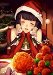  ^_^ absurdres anchor bangs bare_shoulders black_hair blurry blush bow chair christmas christmas_tree closed_eyes detached_sleeves eyebrows_visible_through_hair eyelashes facing_viewer food fur_trim green_bow hair_ornament hands_on_own_cheeks hands_on_own_face hat head_rest highres holding indoors kantai_collection kirieroido_iii long_hair mizuho_(kantai_collection) open_mouth out_of_frame plaid plaid_bow plate pom_pom_(clothes) pov pov_hands red_hat red_ribbon restaurant ribbon santa_costume santa_hat smile solo_focus soup star tongue upper_body very_long_hair wall 
