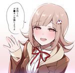  blonde_hair buttons censored_text collared_shirt danganronpa eyebrows_visible_through_hair hair_ornament hairclip hizuki_akira hood hooded_jacket jacket long_sleeves looking_at_viewer nanami_chiaki open_mouth pink_eyes shirt simple_background smile solo super_danganronpa_2 translated wing_collar 