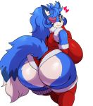  &lt;3 2018 absurd_res anthro big_breasts big_butt blue_fur blue_hair breasts butt butt_heart canine christmas clothed clothing eye_patch eyelashes eyewear female fox fur hair hi_res holidays lazuli_(doggod.va) legwear looking_at_viewer looking_back mammal multicolored_fur rear_view simple_background solo sssonic2 thick_thighs white_background white_fur 