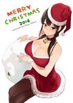  2016 artist_name bare_shoulders bell bell_collar black_hair blush breasts brown_eyes brown_legwear circle_name cleavage collar commentary crossed_legs from_above hat large_breasts long_hair low_twintails merry_christmas pantyhose sack santa_hat sasamori_tomoe simple_background smile solo succubus_stayed_life twintails white_background yomisawa_tsukino 