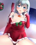  aqua_eyes aqua_hair ascot bare_shoulders black_panties blush bow breasts christmas commentary_request detached_collar detached_sleeves dress_slip finger_to_cheek fur_trim hair_censor hair_ornament hair_over_breasts hairclip highres kantai_collection long_hair long_sleeves looking_at_viewer medium_breasts neit_ni_sei on_bed open_mouth panties pantyshot pantyshot_(sitting) pom_pom_(clothes) santa_costume sidelocks sitting sleeves_past_wrists smile snow snowing solo suzuya_(kantai_collection) sweat sweating_profusely thighs underwear window 