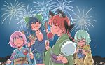  4girls animal_ears black_bow black_hair blue_kimono bow braid breasts candy_apple cat_ears chewing cleavage closed_eyes cotton_candy cup eating eyeball eyebrows_visible_through_hair fireworks food green_eyes green_hair green_kimono hair_between_eyes hair_bow heart heart_of_string heart_print holding holding_food hot_dog japanese_clothes jitome kaenbyou_rin kimono komeiji_koishi komeiji_satori kuzutetsu_no_viper large_breasts long_sleeves mug multiple_girls night no_hairband no_hat no_headwear obi open_mouth pink_eyes pointing pouch puffy_cheeks red_hair reiuji_utsuho sash short_hair squid sweatdrop takoyaki third_eye touhou wide_sleeves yellow_kimono yukata 