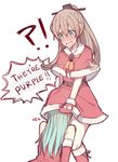  2girls aqua_eyes aqua_hair bare_shoulders blush brown_hair christmas commentary embarrassed english gloves head_under_clothes heart implied_pantyshot kantai_collection kumano_(kantai_collection) kvlen long_hair multiple_girls open_mouth ponytail red_gloves santa_costume smile suzuya_(kantai_collection) 