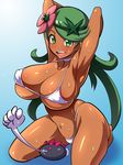  :d alternate_costume alternate_hairstyle armpits arms_behind_head arms_up ass_visible_through_thighs bangs barefoot bikini blue_background blush breasts character_request choker cleavage clenched_hand collarbone commentary_request covered_nipples dark_skin flower gen_7_pokemon green_eyes green_hair hair_flower hair_ornament hairband highleg highleg_bikini highleg_swimsuit highres kneeling konno_tohiro large_breasts long_hair mao_(pokemon) micro_bikini navel open_mouth pokemon pokemon_(creature) pokemon_(game) pokemon_sm pyukumuku round_teeth shiny shiny_skin simple_background sitting smile solo stomach sweat swept_bangs swimsuit teeth thighs underboob wariza white_bikini 