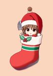  :o bangs blush brown_eyes brown_hair chibi christmas christmas_stocking commentary_request fur_trim hagiwara_yukiho hair_between_eyes hanging hat head_tilt hiboshi_daizu holly idolmaster idolmaster_(classic) leaf looking_at_viewer looking_up mittens open_mouth orange_background red_hat santa_hat shadow short_hair simple_background solo 