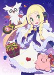  agata_(agatha) blonde_hair bow braid clefairy cosmog delibird dress gen_1_pokemon gen_2_pokemon gen_7_pokemon gift green_eyes heart lillie_(pokemon) long_hair looking_at_viewer merry_christmas night night_sky pantyhose pokemon pokemon_(creature) pokemon_(game) pokemon_sm sky smile snow white_dress winter_clothes 