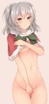  blue_eyes blush bottomless breasts capelet christmas covering covering_breasts covering_crotch highres inushi kantai_collection kashima_(kantai_collection) looking_at_viewer medium_breasts naked_capelet navel pink_background short_hair silver_hair simple_background smile solo twintails 