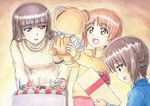  bandages black_eyes black_hair boko_(girls_und_panzer) brown_eyes brown_hair cake candlelight christmas christmas_cake commentary family food girls_und_panzer happy long_hair looking_at_another looking_to_the_side mother_and_daughter multiple_girls nishizumi_maho nishizumi_miho nishizumi_shiho omachi_(slabco) open_mouth plate short_hair smile stuffed_animal stuffed_toy sweater teddy_bear traditional_media watercolor_(medium) younger 