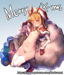  areolae arm_at_side arm_warmers artist_name bangs blonde_hair blunt_bangs box breasts cagliostro_(granblue_fantasy) capelet detached_sleeves gift gift_box granblue_fantasy grin groin hat headgear kneeling long_hair looking_at_viewer merry_christmas navel nipples one_eye_closed patreon_username purple_eyes pussy red_capelet redcomet sack santa_hat small_breasts smile solo thighhighs thighs watermark web_address 