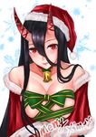  alternate_costume bare_shoulders battleship_hime bell bell_choker black_hair blush breasts capelet choker christmas cleavage collarbone commentary fur_trim hair_between_eyes hat highres horns kantai_collection large_breasts long_hair looking_at_viewer merry_christmas naked_ribbon off_shoulder parted_lips red_eyes ribbon santa_costume santa_hat smile solo upper_body ytoy 