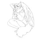  avian bird bottomless clothed clothing crouching cup female fluffy gryphon looking_at_viewer monochrome owl shirt solo sona_(noxiis) wasabitea wings 