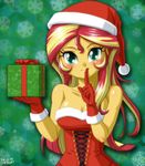  1girl christmas cleavage cyan_eyes gloves my_little_pony my_little_pony_equestria_girls my_little_pony_friendship_is_magic present red_hair santa_costume santa_hat shushing sunset_shimmer tagme two-tone_hair uotapo yellow_skin 