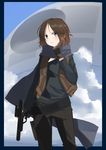  adjusting_scarf belt brown_hair cloud cloudy_sky death_star energy_gun eyebrows_visible_through_hair gloves grey_eyes hair_bun holster jacket jyn_erso long_sleeves looking_at_viewer messy_hair open_mouth pants rogue_one:_a_star_wars_story scarf scarif serious sky solo star_wars vest weapon xialuluo_(sharuro) 