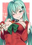  alternate_costume aqua_hair arm_warmers blush border breasts christmas christmas_tree_hair_ornament covering_nipples detached_collar eyebrows_visible_through_hair green_eyes grin hair_ornament hand_on_breast highres kantai_collection large_breasts long_hair looking_at_viewer okita_ababa one_eye_closed outside_border red_background smile solo suzuya_(kantai_collection) white_border 