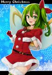  :d belt black_belt blue_background bow capelet christmas commentary_request cowboy_shot daiyousei english fairy_wings fur-trimmed_capelet fur-trimmed_gloves fur-trimmed_legwear fur_trim gloves green_hair hair_bow hood hood_down looking_at_viewer merry_christmas open_mouth pom_pom_(clothes) red_bow red_gloves red_shirt red_skirt santa_costume shirt side_ponytail skirt smile snowflake_background snowflakes solo sparkle striped striped_bow striped_legwear tenneko_yuuri thighhighs touhou wings zettai_ryouiki 