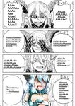  1girl 4koma absurdres angry araido_kagiri blood blood_from_mouth blue_hair body_blush breasts comic covering_face crying crying_with_eyes_open english fate/grand_order fate_(series) gloves hair_between_eyes hand_on_another's_shoulder hidden_eyes highres holding_hands horns long_hair looking_at_viewer medium_breasts partially_colored shaded_face simple_background speech_bubble talking tears teeth tiamat_(fate/grand_order) translated white_background white_gloves 