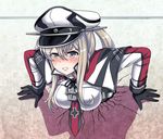  anchor black_gloves blonde_hair blush breasts cracked_wall gloves graf_zeppelin_(kantai_collection) grey_eyes hat kabe_ni_hamatte_ugokenai! kantai_collection large_breasts long_hair long_sleeves parted_lips solo stuck through_wall tk8d32 twintails 