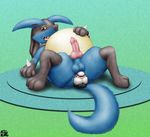  2016 ambiguous_gender anal_vore animal_genitalia animal_penis anus balls belly big_belly black_fur blue_fur butt canine canine_penis duo english_text fur green_background hand_on_stomach knot lucario lying male mammal nintendo on_back open_mouth penis pok&eacute;mon red_eyes sheath signature simple_background solo_focus spikes spread_legs spreading teeth text the_roop tongue video_games vore yellow_fur 