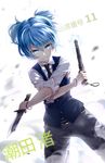  androgynous ansatsu_kyoushitsu belt black_neckwear blue_eyes blue_hair eyebrows_visible_through_hair hair_between_eyes highres holding holding_knife knife lf looking_at_viewer male_focus necktie shiota_nagisa smile solo 