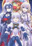  armor armored_dress bag black_gloves blonde_hair blue_eyes blush breasts capelet cleavage fate/grand_order fate_(series) fur_trim gloves headpiece jeanne_d'arc_(alter)_(fate) jeanne_d'arc_(fate) jeanne_d'arc_(fate)_(all) jeanne_d'arc_alter_santa_lily large_breasts long_hair looking_at_viewer multiple_girls multiple_persona navel sanada_(teketo) short_hair silver_hair small_breasts smile thighhighs very_long_hair yellow_eyes 