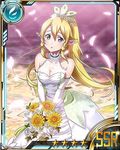  bare_shoulders blonde_hair bouquet breasts card_(medium) cherry_blossoms cleavage collarbone dress elbow_gloves flower gloves green_eyes hair_between_eyes high_ponytail holding holding_bouquet leafa long_hair looking_at_viewer medium_breasts official_art pointy_ears see-through solo star sword_art_online sword_art_online:_code_register wedding_dress white_dress white_flower white_gloves yellow_flower 