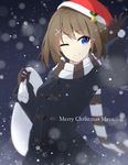  ;) aa_(sin2324) alternate_costume bell blue_eyes brown_gloves brown_hair character_name christmas coat gloves hair_ornament hairclip hand_up hat kantai_collection maya_(kantai_collection) merry_christmas one_eye_closed sack santa_hat scarf short_hair smile snowing solo striped striped_scarf upper_body winter_clothes winter_coat x_hair_ornament 