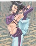  abs armpits bare_shoulders barefoot blush breasts covered_nipples detached_sleeves drill_hair flexible halter_top halterneck han_juri hips leg_behind_shoulder looking_at_viewer navel oko sideboob smile soles solo standing standing_on_one_leg street_fighter street_fighter_iv_(series) toned tongue tongue_out twin_drills underboob 
